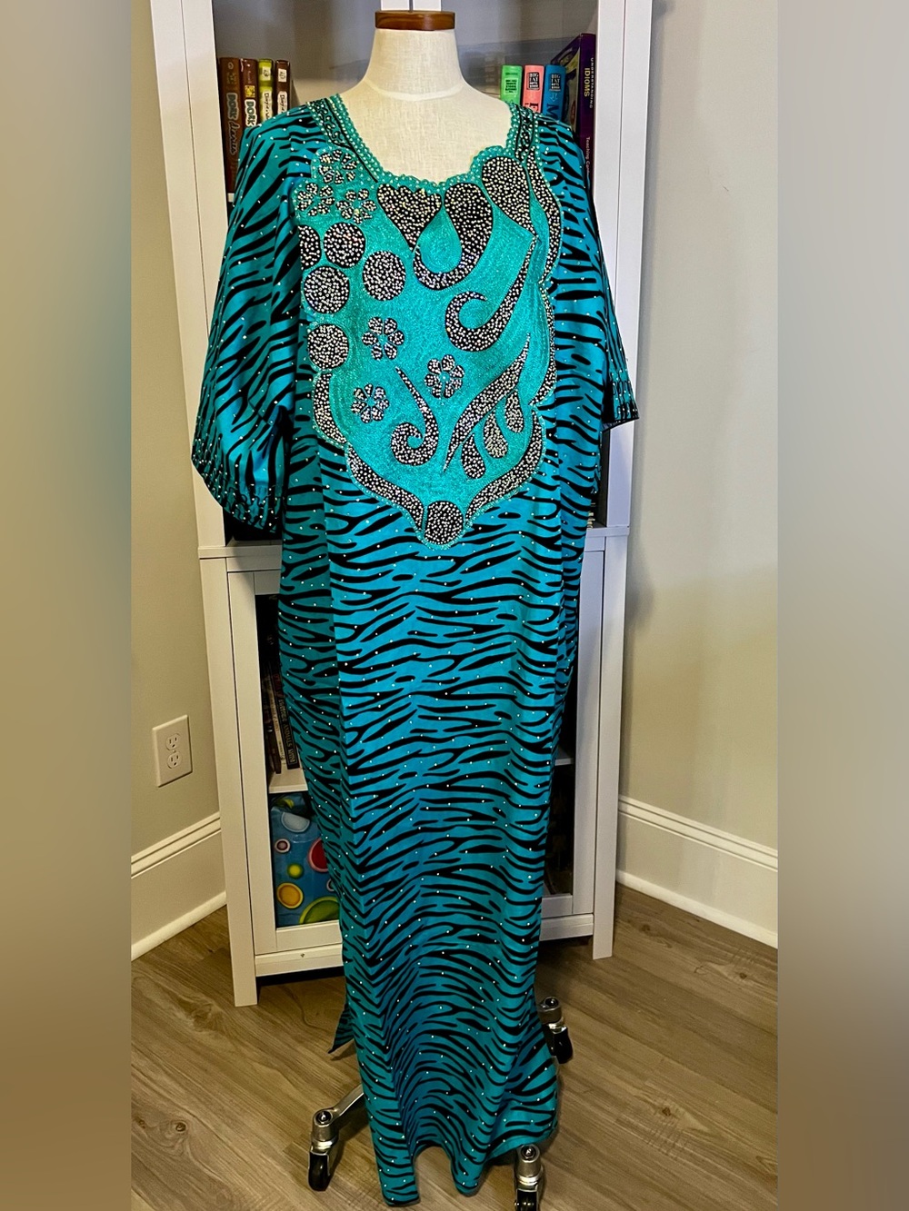 Embellished Teal Zebra-African Print Kaftan Maxi Dress